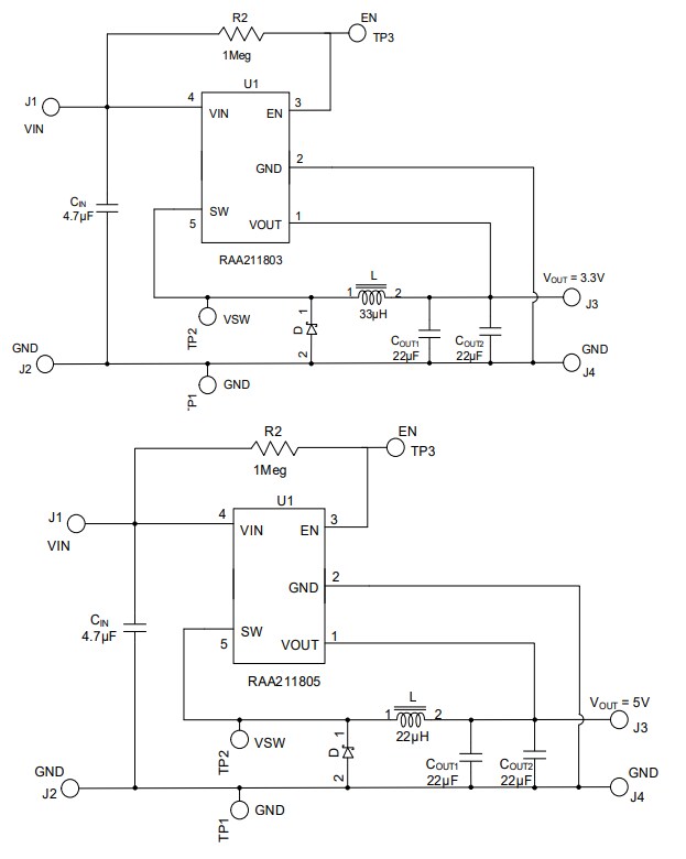 Application Circuit Diagram - Renesas Electronics RAA21180x DC/DC Step-Down Regulators