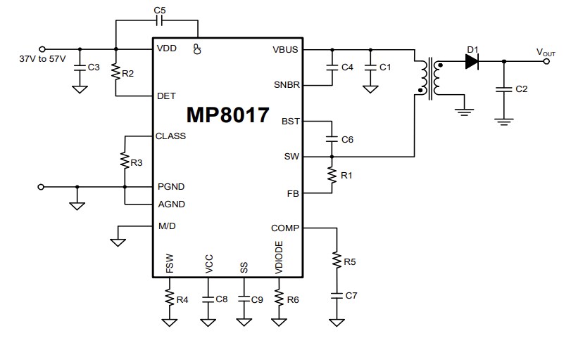 Application Circuit Diagram - Monolithic Power Systems (MPS) MP8017 PoE PD Solution