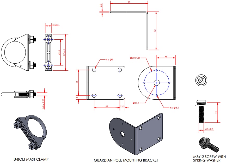 Mechanical Drawing - Taoglas Guardian Pole-Mount Antenna Bracket Kit