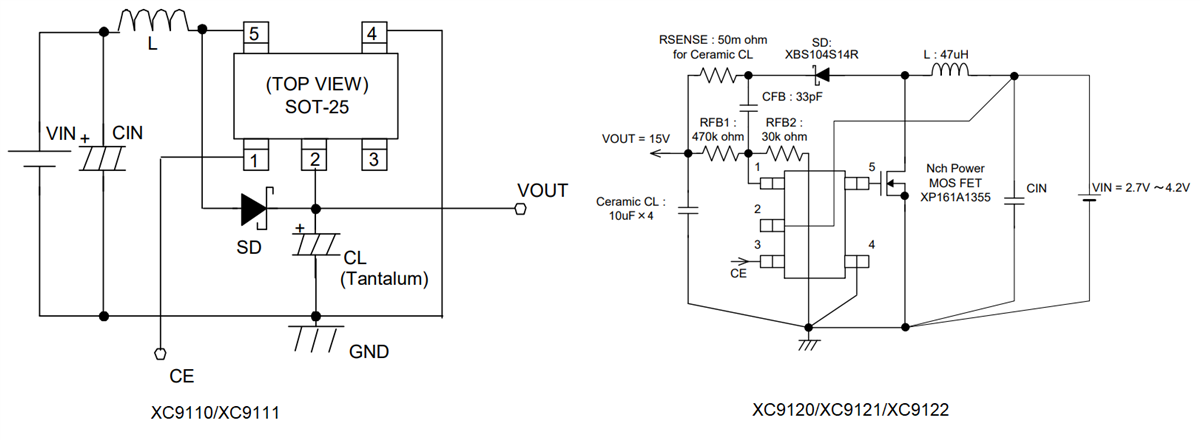 Application Circuit Diagram - Torex Semiconductor XC911x Step-Up DC/DC Controller ICs