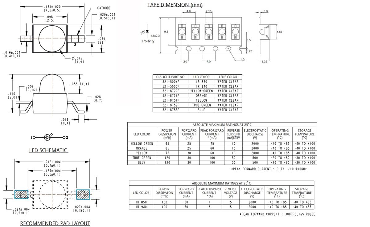 Mechanical Drawing - Dialight 521 Series Gull-Wing LEDs