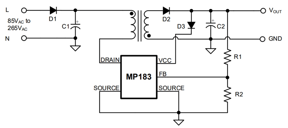 Application Circuit Diagram - Monolithic Power Systems (MPS) MP183 Zero Standby Buck Regulator