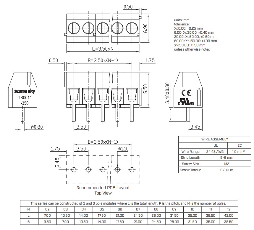 Mechanical Drawing - Same Sky TB0011-350 Terminal Blocks