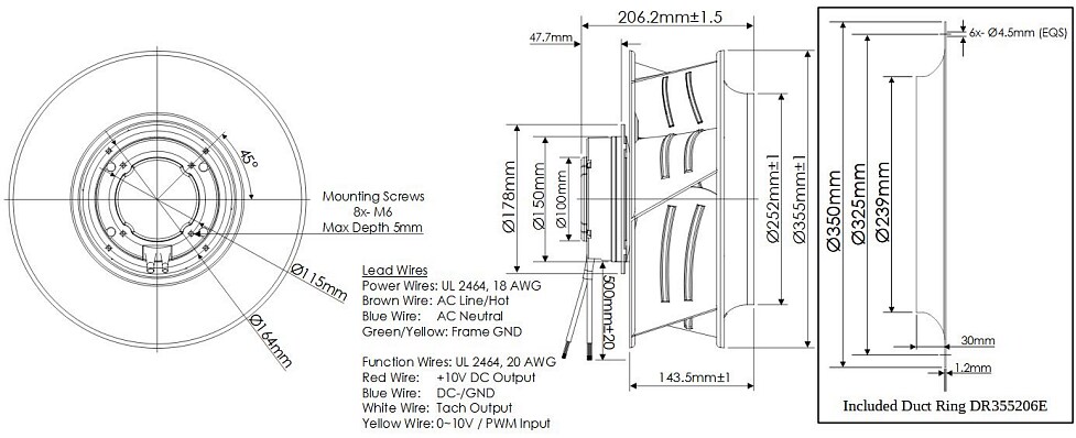 Mechanical Drawing - Orion Fans OEC355206 Series 355x206.2mm EC Centrifugal Fan