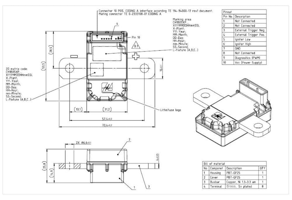 Mechanical Drawing - Littelfuse CH1B050P Pyro-fuse Trigger