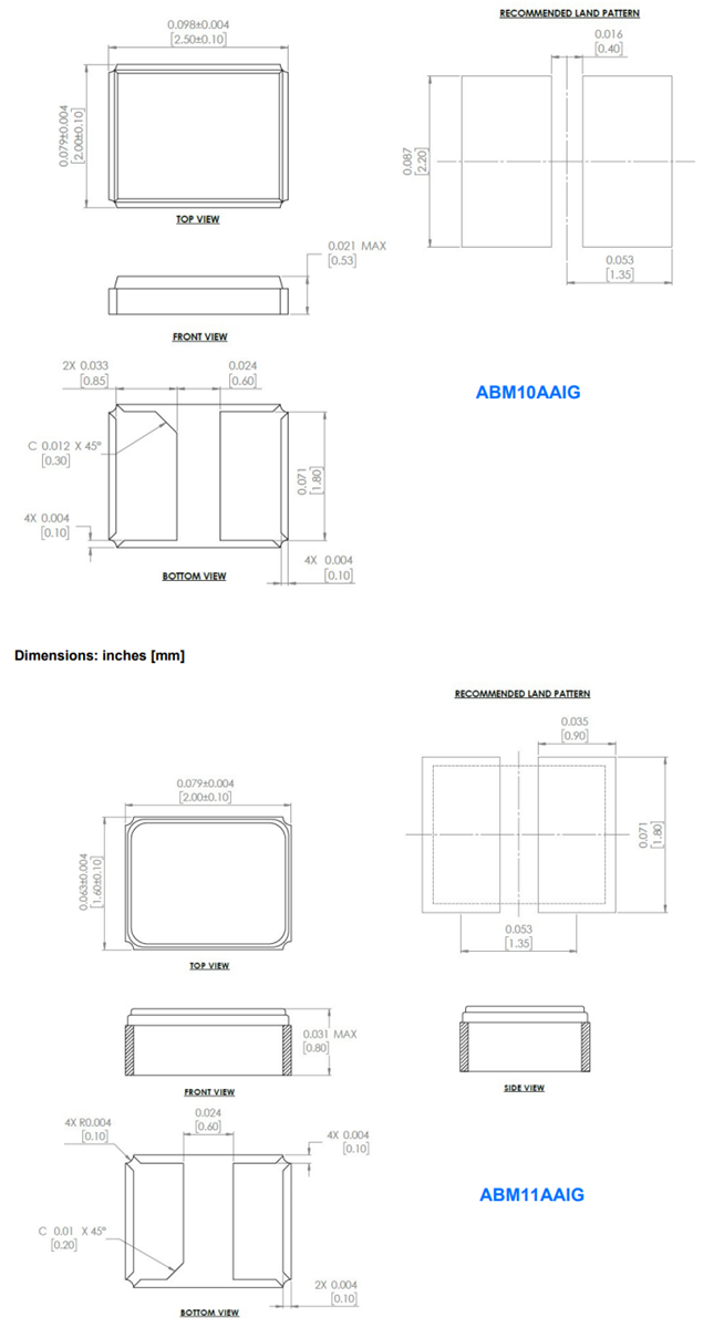 Mechanical Drawing - Abracon ABM10AAIG & ABM11AAIG Automotive-Grade Crystals