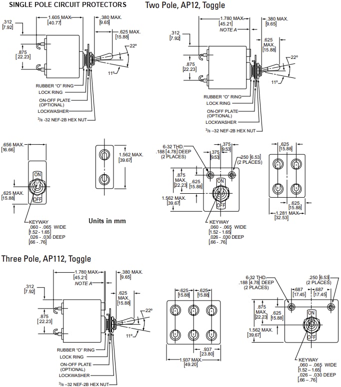 Mechanical Drawing - AIRPAX / Sensata AP Series Magnetic Circuit Breakers