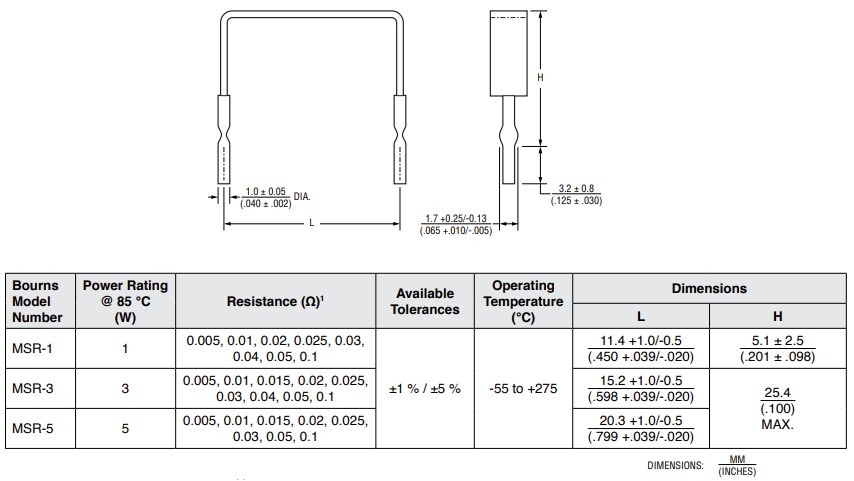 Mechanical Drawing - Bourns MSR Riedon™ Current Sense Resistors