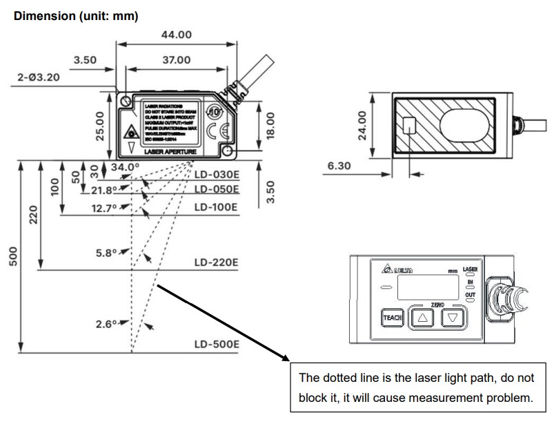 Mechanical Drawing - Delta IA LD-E Laser Displacement Sensors
