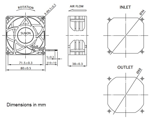 Mechanical Drawing - Sunon PF Series 80x38 DC Fans