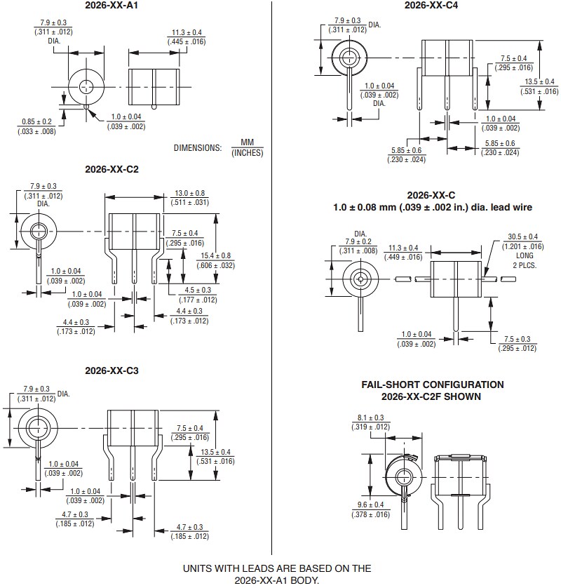 Mechanical Drawing - Bourns 2026 Series 3-Pole Gas Discharge Tubes (GDTs)