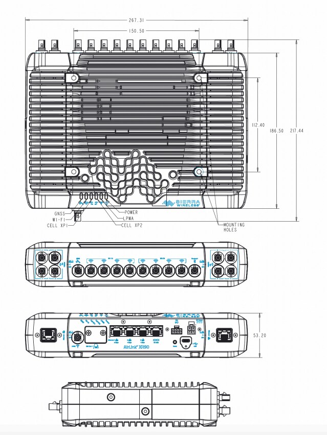 Mechanical Drawing - Sierra Wireless / Semtech AirLink® XR90 Multi-Network 5G/Wi-Fi® 6 Routers