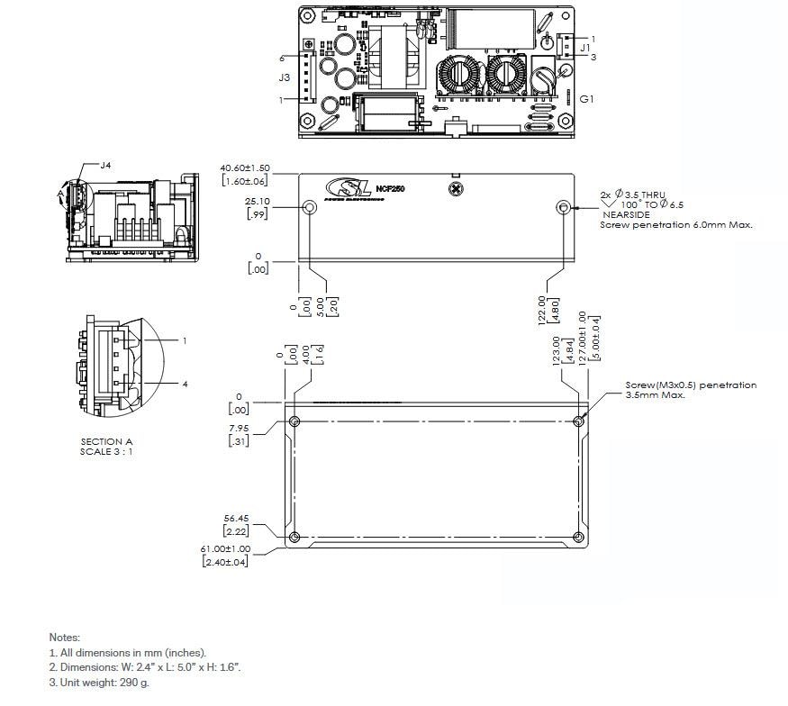 Mechanical Drawing - Advanced Energy / SL Power NCF250 250W Medical AC-DC Power Supplies