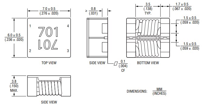 Mechanical Drawing - Bourns SRF7038A Automotive Common Mode Chokes