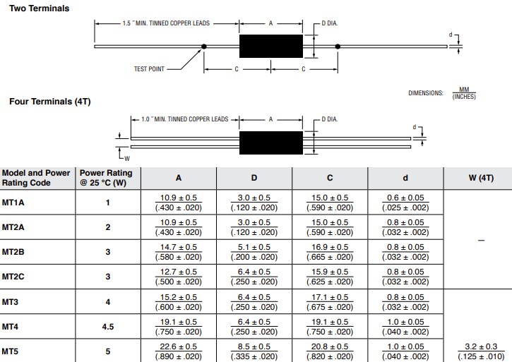 Mechanical Drawing - Bourns MT Riedon™ Low Ohm Power Resistors
