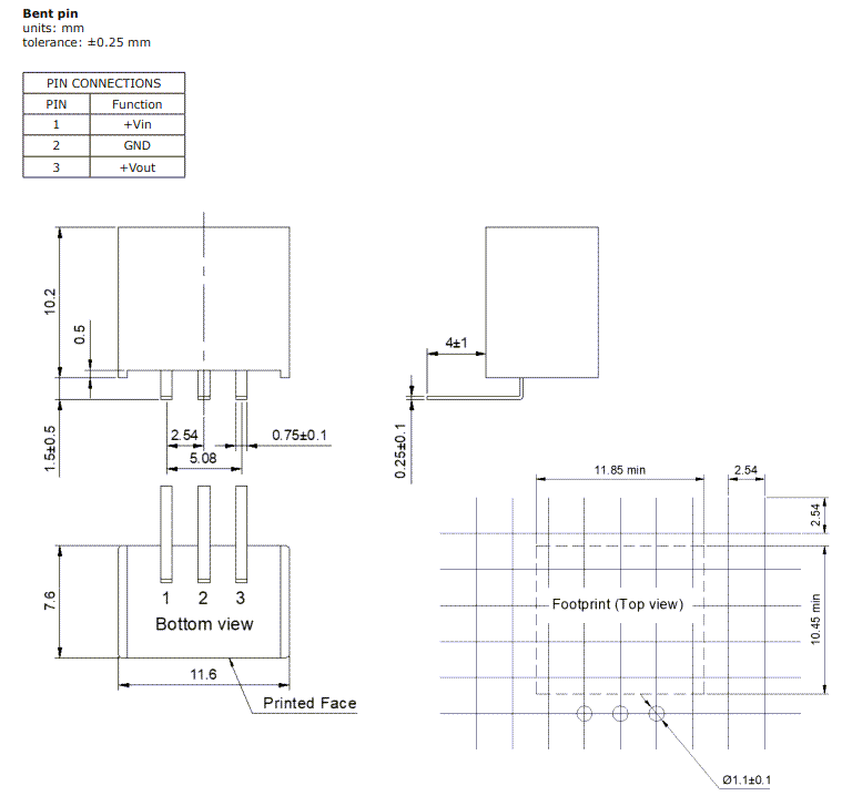 Mechanical Drawing - CUI Inc P78B-1000R 1A Non-Isolated DC-DC Converters