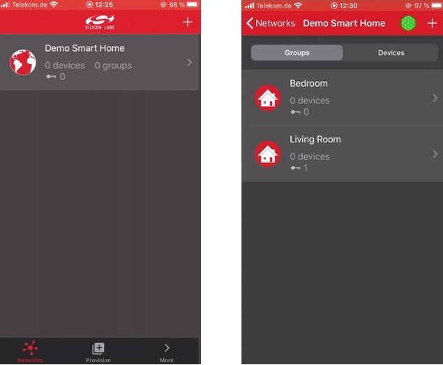 screen of creating a new network and two new groups on the Bluetooth mesh smartphone app
