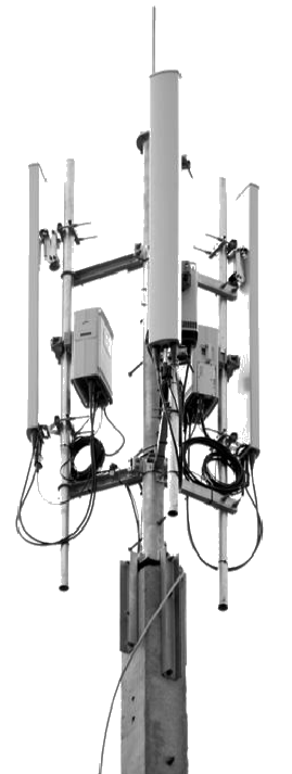 RF tower with points indicating advanced antenna, power supply, tower mount amplifier, battery backup, baseband unit and surge protection