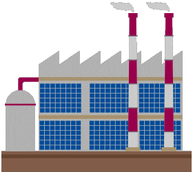 Industrial factory with animated lights turning on in windows